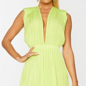 Lime Pleated Shoulder Pad Plunge Romper